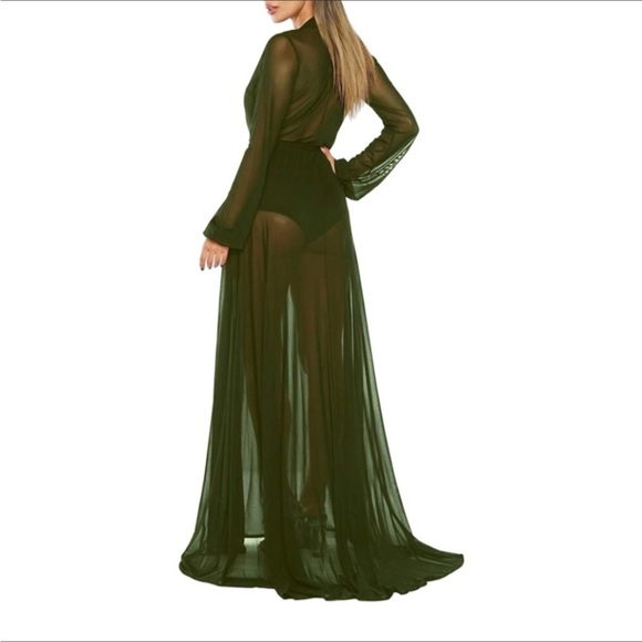 Sexy Thin Mesh Long Sleeve Tie Front Maxi Cover Up Dress Army Green - Picture 3 of 6